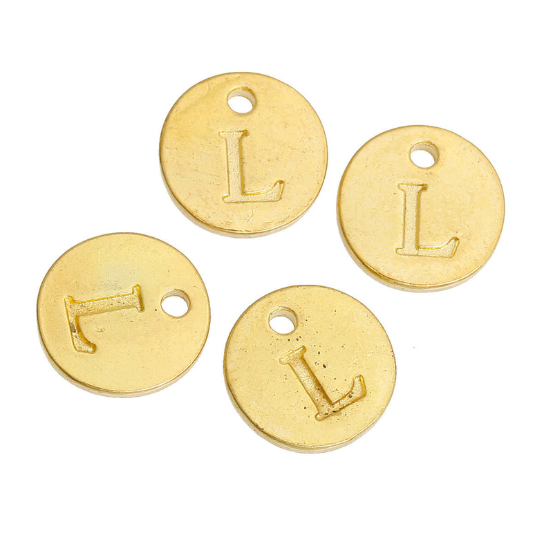 10 Letter L Alphabet Charms Gold Plated Monogram, double sided round disc letter charms, dot charms, 12mm, (1/2"),   chg0456