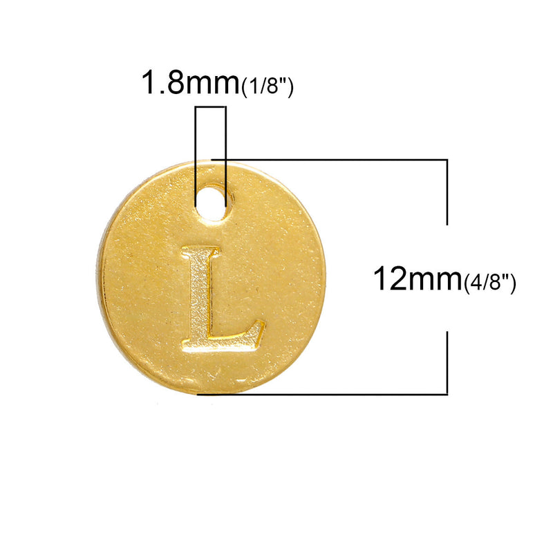 10 Letter L Alphabet Charms Gold Plated Monogram, double sided round disc letter charms, dot charms, 12mm, (1/2"),   chg0456