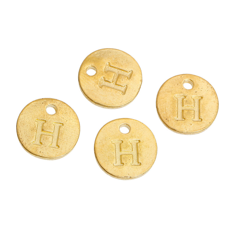 10 Letter H Alphabet Charms Gold Plated Monogram, double sided round disc letter charms, dot charms, 12mm, (1/2") chg0472