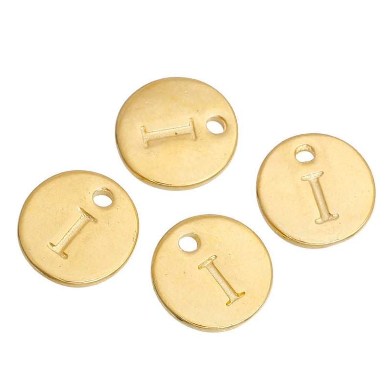 10 Letter I Alphabet Charms Gold Plated Monogram, double sided round disc letter charms, dot charms, 12mm, (1/2") chg0471