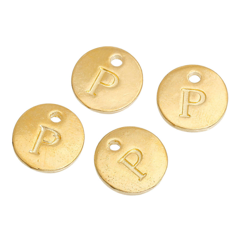 10 Letter P Alphabet Charms Gold Plated Monogram, double sided round disc letter charms, dot charms, 12mm, (1/2") chg0460