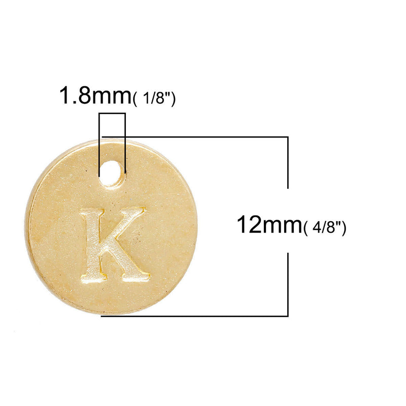 10 Letter K Alphabet Charms Gold Plated Monogram, double sided round disc letter charms, dot charms, 12mm, (1/2") chg0459