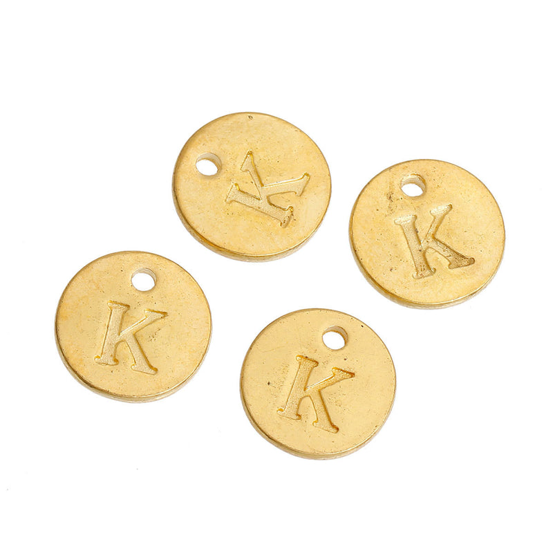 10 Letter K Alphabet Charms Gold Plated Monogram, double sided round disc letter charms, dot charms, 12mm, (1/2") chg0459