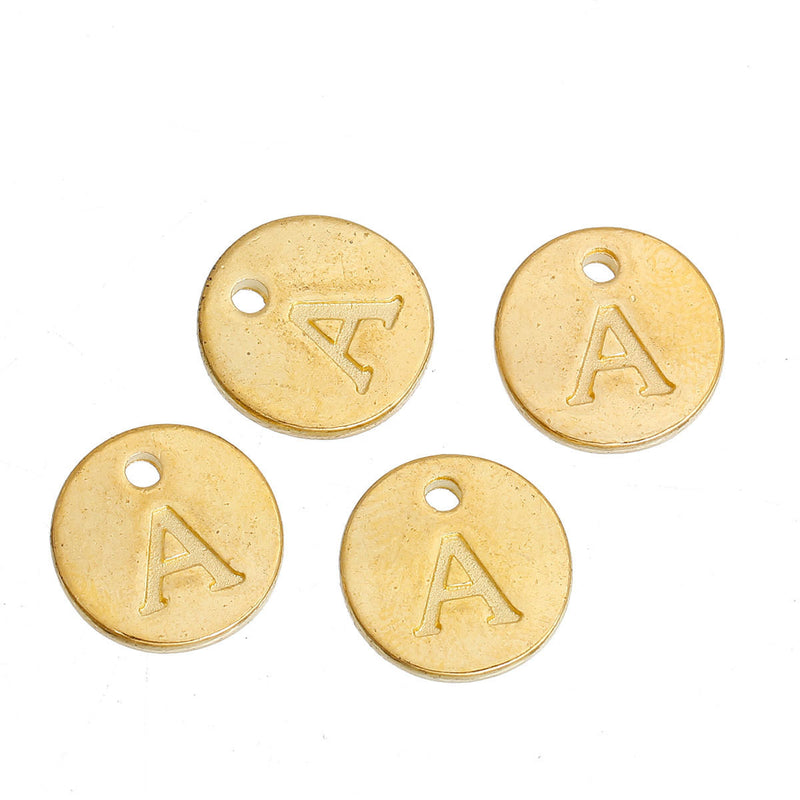 10 Letter A Alphabet Charms Gold Plated Monogram, double sided round disc letter charms, dot charms, 12mm, (1/2") chg0458