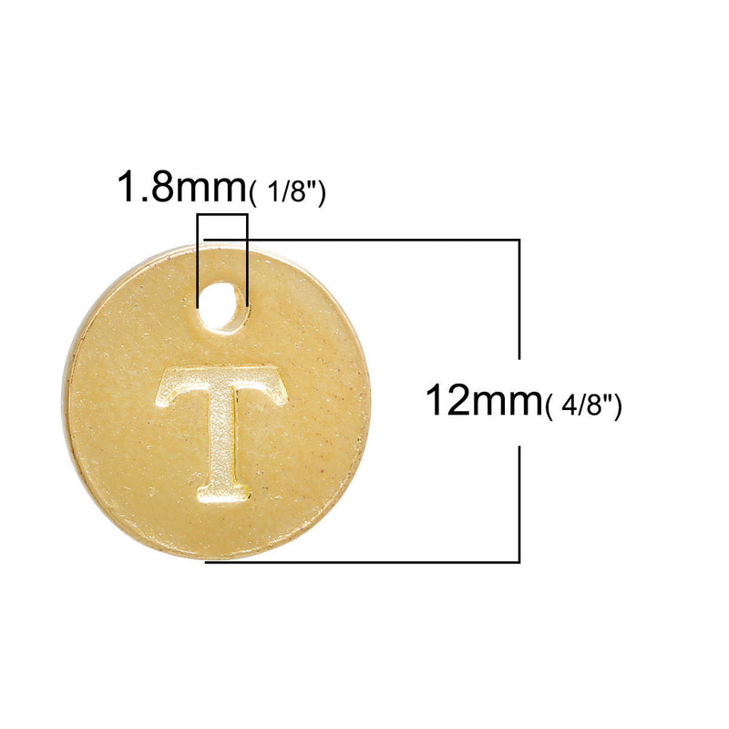10 Letter T Alphabet Charms Gold Plated Monogram, double sided round disc letter charms, dot charms, 12mm, (1/2") chg0463