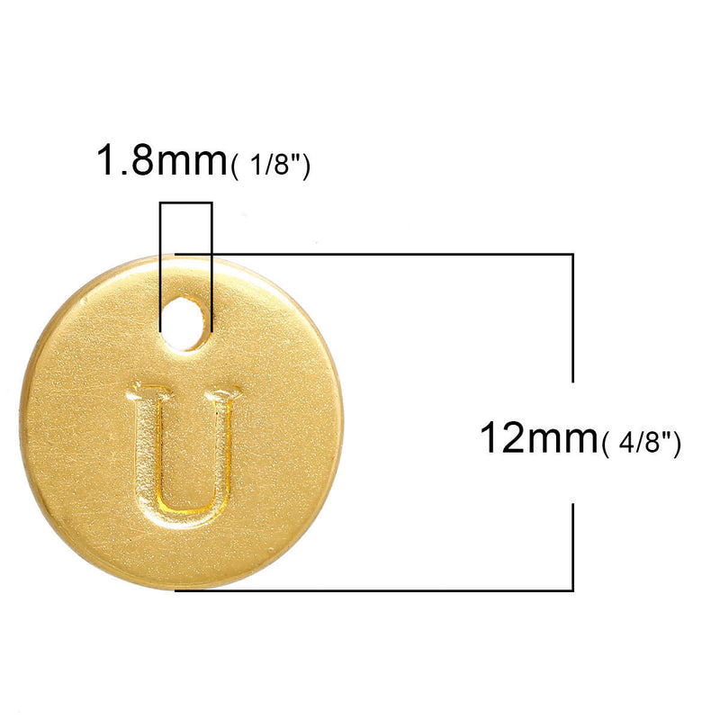 10 Letter U Alphabet Charms Gold Plated Monogram, double sided round disc letter charms, dot charms, 12mm, (1/2") chg0468