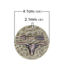 2 LONGHORN and ARROW Round Pendant Charms, BULL Cow Antique Bronze and Copper Metal with Rhinestone Crystals, 42mm (1-5/8" round), chb0464