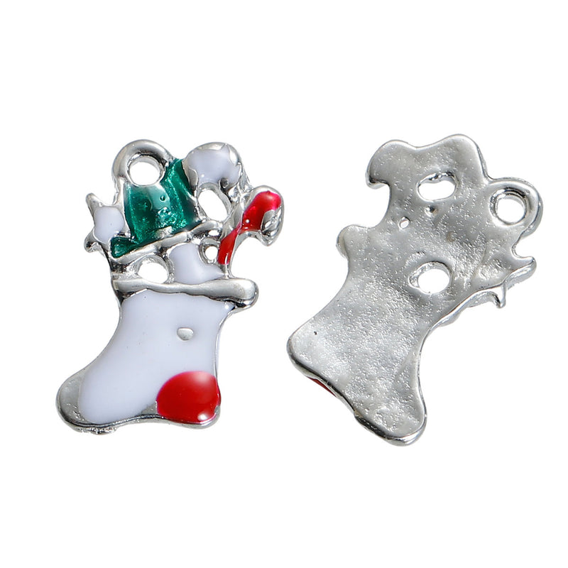 5 STOCKING Christmas Charms or Pendants, Silver Plated with enamel, 5/8",  che0529