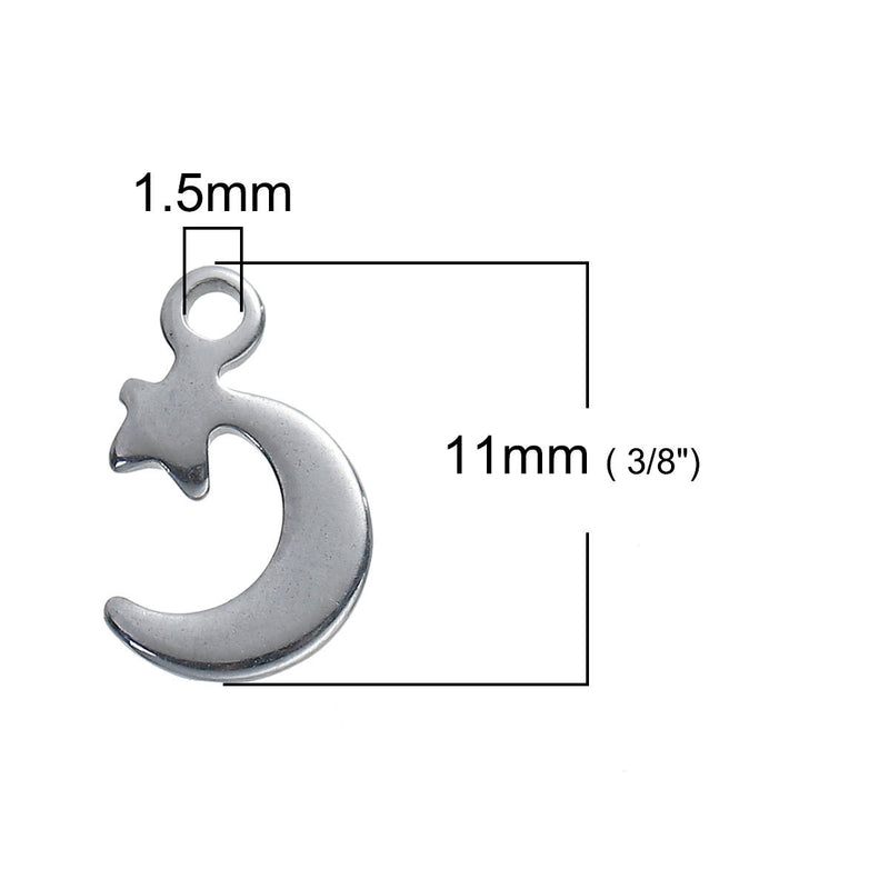 10 CRESCENT MOON and STAR Stainless Steel Charms, 11mm, chs2570