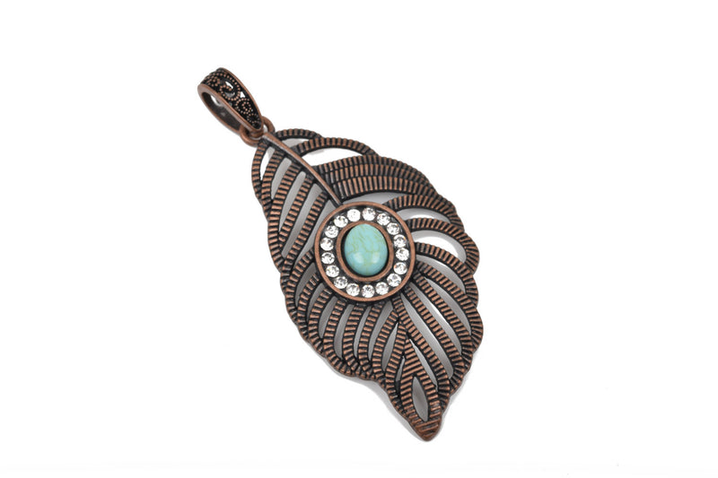 Large Copper FEATHER Pendant, Rhinestones and Faux Turquoise Cabochon, 3" long chc0064