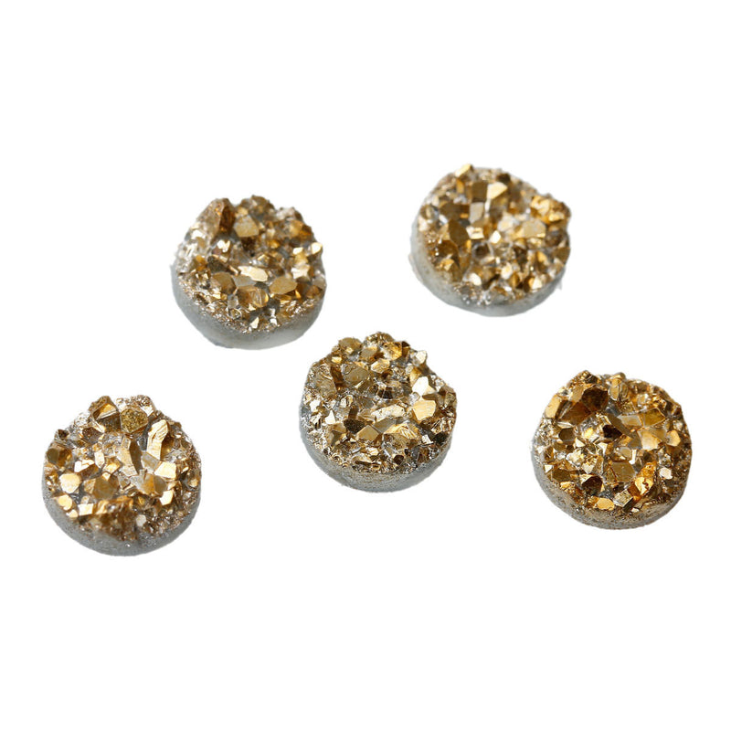 10 Round Resin Sparkly Gold DRUZY CABOCHONS, white backs, faux druzy, 8.5mm, cab0463a