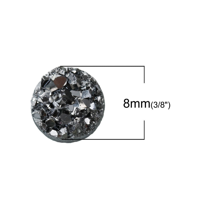 10 Round Resin Sparkly Dark SILVER DRUZY CABOCHONS, black backs, faux druzy, 8mm, cab0464a