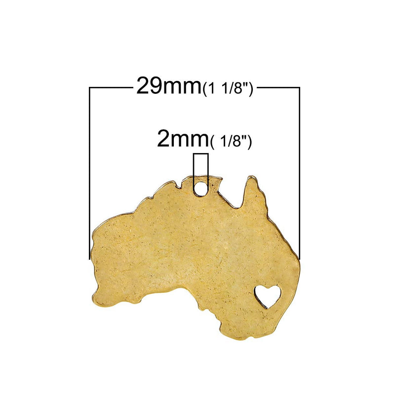 10 AUSTRALIA MAP Charms, Gold Plated Australian Continent Pendants, Sydney Heart Cutout, 29x23mm, chg0418