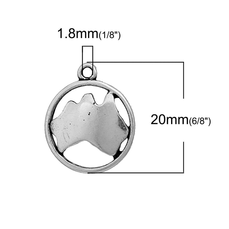 10 AUSTRALIA MAP Charms, Oceania Charms, Map in Circle, Silver Australian Continent Pendants, Sydney, 20x16mm, chs2442