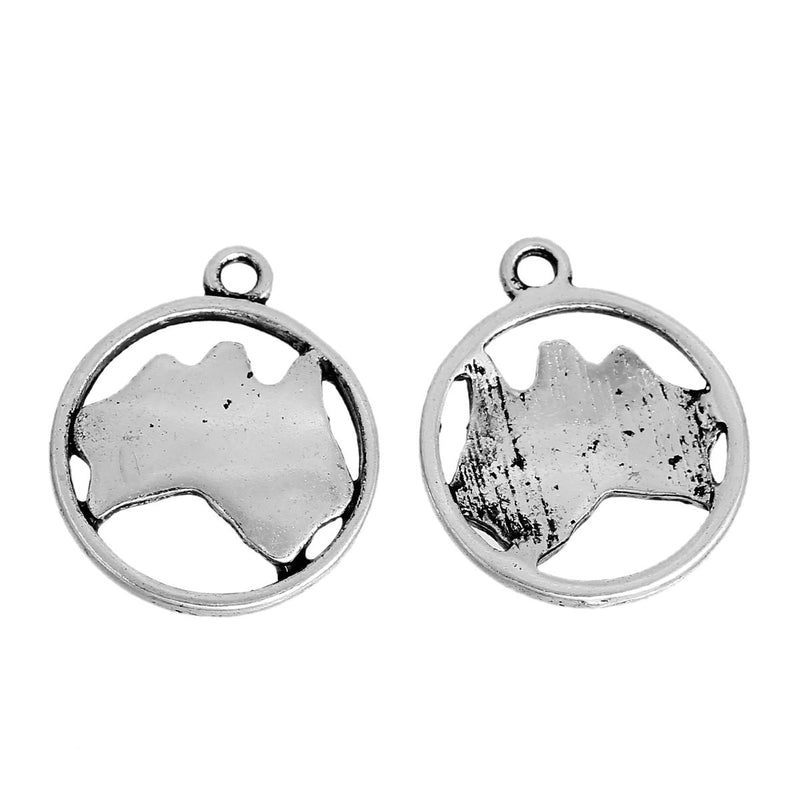 10 AUSTRALIA MAP Charms, Oceania Charms, Map in Circle, Silver Australian Continent Pendants, Sydney, 20x16mm, chs2442