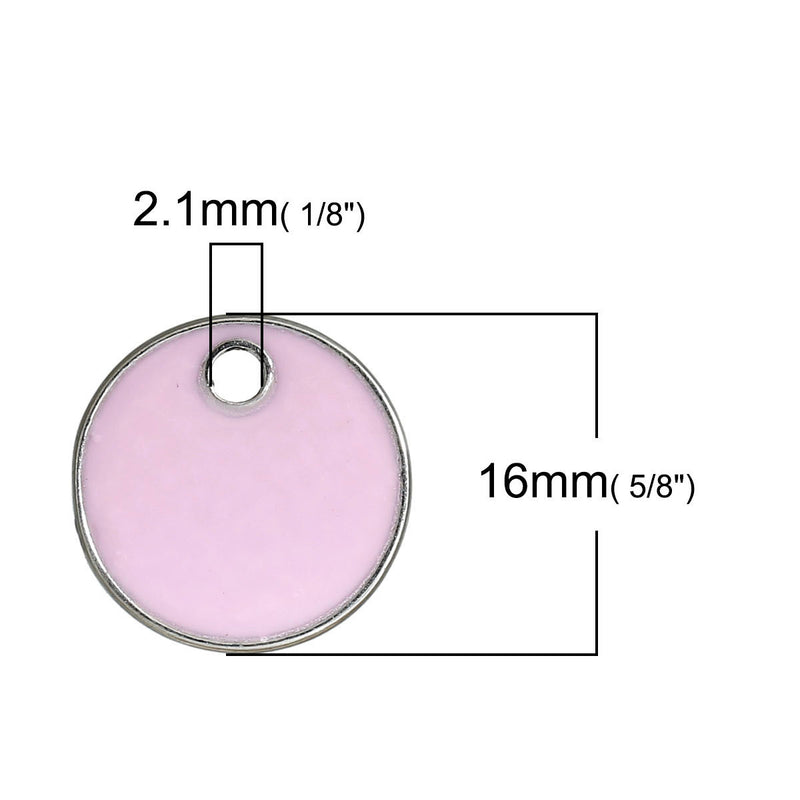 5 PINK Enamel Dot Charms, Silver  Round Circle Sequin Charms, double sided, 16mm (5/8") che0520