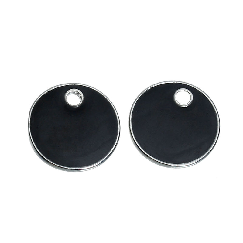 5 BLACK Enamel Dot Charms, Silver  Round Circle Sequin Charms, double sided, 16mm (5/8") che0523