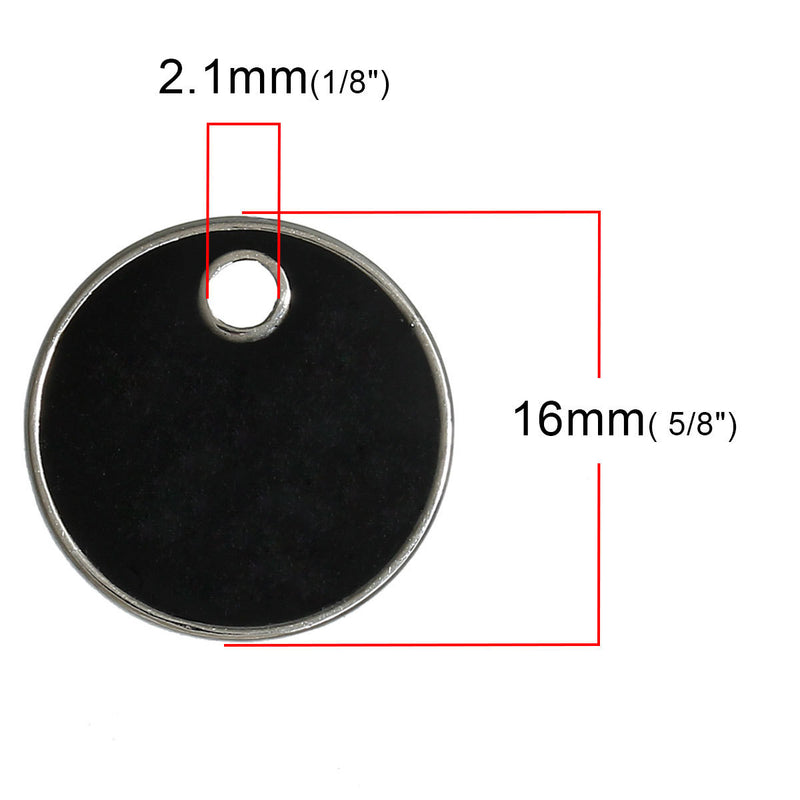 5 BLACK Enamel Dot Charms, Silver  Round Circle Sequin Charms, double sided, 16mm (5/8") che0523
