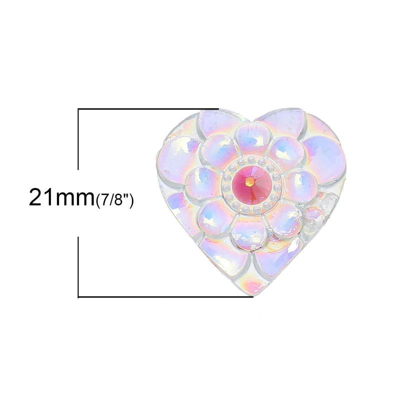 15 HEART Resin Sparkly CABOCHONS, decoden, iridescent kawaii flatbacks, 21mm (3/4") cab0465
