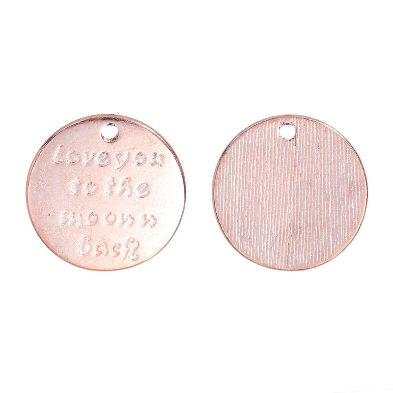 10 Rose Gold Charm Pendants, Stamped with "I love you to the moon n back" 17mm, cho0149