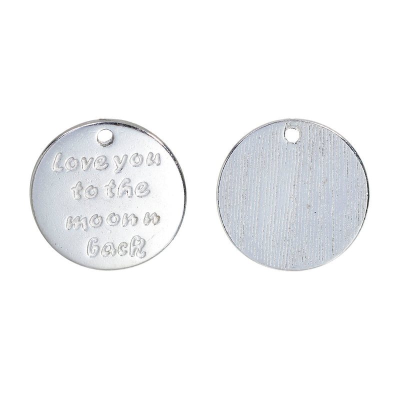 10 Silver Charm Pendants, Stamped with "I love you to the moon n back" 17mm, chs2451