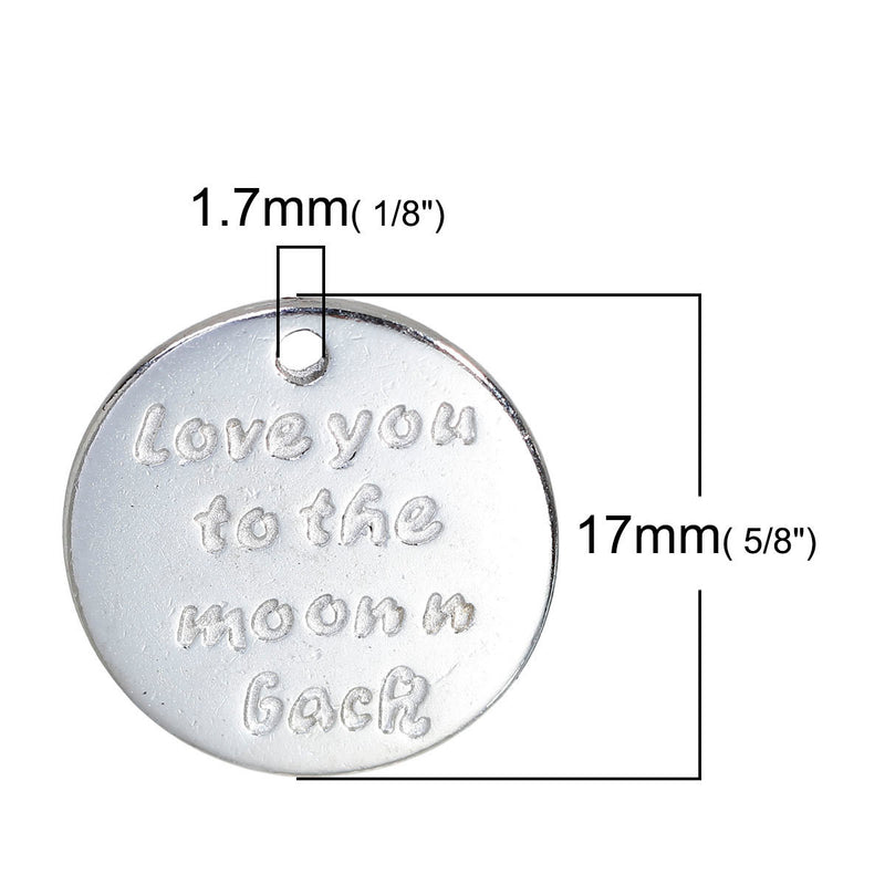 10 Silver Charm Pendants, Stamped with "I love you to the moon n back" 17mm, chs2451