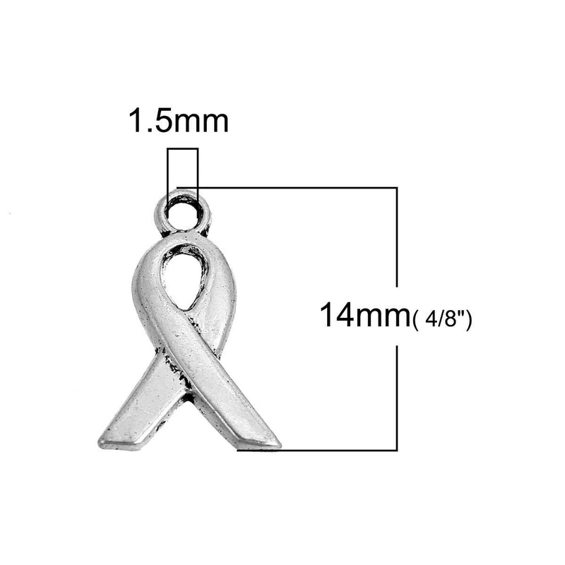 200 Silver Tone AWARENESS RIBBON Charms or Pendants, 14x9mm, chs2457b