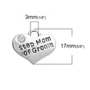 1 Silver Tone Rhinestone " Step Mom of Groom " Heart Charm Pendant 16x14mm chs2663