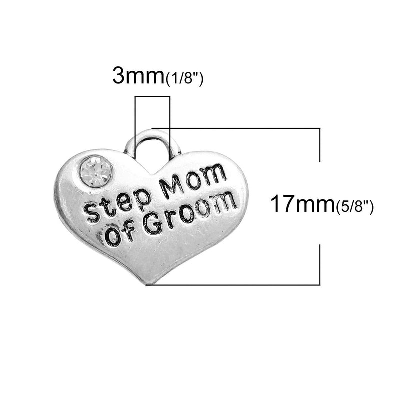 1 Silver Tone Rhinestone " Step Mom of Groom " Heart Charm Pendant 16x14mm chs2663