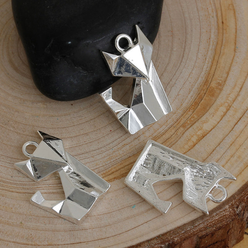 5 Silver ORIGAMI FOX Charms, Bright Silver Plated Pendants, 22x16mm, chs2656