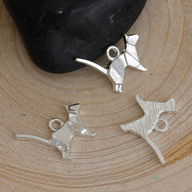 5 Silver ORIGAMI CAT Charms, Bright Silver Plated Pendants, 15x13mm, chs2655