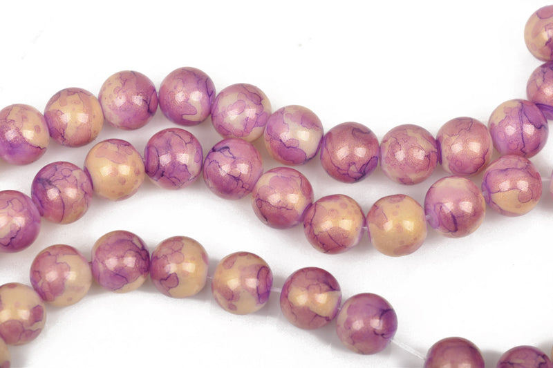 10mm Round Glass Beads, PURPLE MARBLE glitter with a gold sheen, double strand, about 84 beads, bgl1541