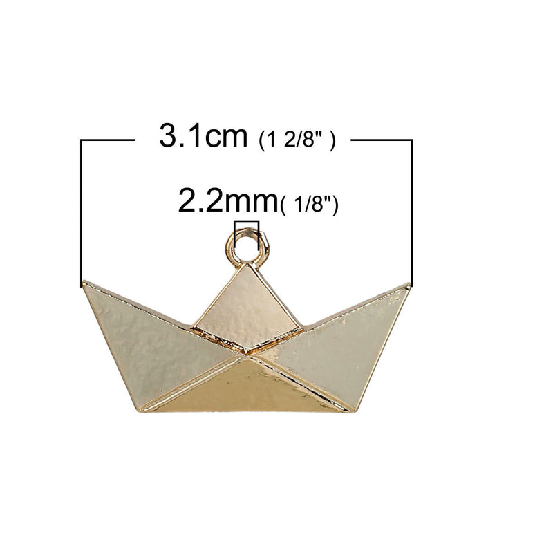 5 Gold ORIGAMI BOAT Charms, Bright Gold Plated Pendants, 31x18mm, chg0479