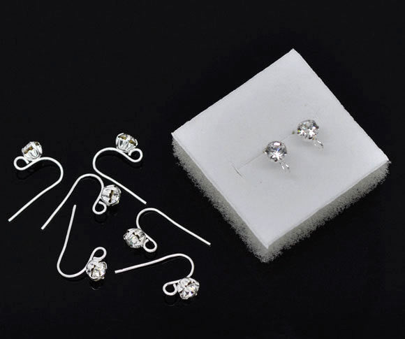 50 French Hooks Earring Ear Wires with 6mm Rhinestone in Prong Set Bezel, silver plated (25 pairs), fin0578b