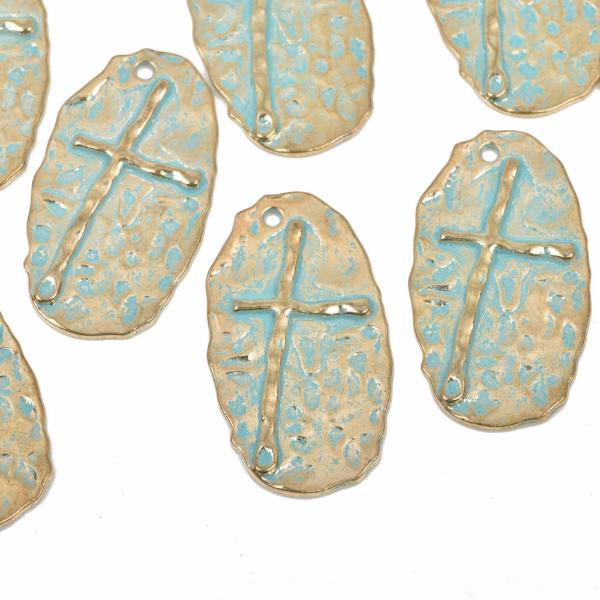 5 Hammered Gold Cross Pendant Charms, Light Gold with blue green verdigris patina, large oval 1-7/8" long chg0485