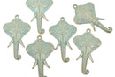 5 ELEPHANT Gold Pendant Charms, Light Gold with blue green verdigris patina, Hindu Ganesha Elephant Head, 1-3/4" long chg0486