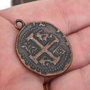5 Copper Coin Relic Charm Pendants, round coin charms, copper plated metal, double sided design, 30x25mm, chc0065