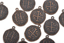 5 Copper Coin Relic Charm Pendants, round coin charms, copper plated metal, double sided design, 30x25mm, chc0065