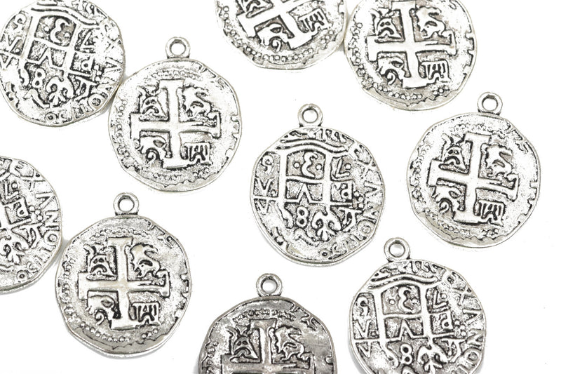 5 Silver Coin Relic Charm Pendants, round coin charms, antiqued silver plated metal, double sided design, 30x25mm, chs2664