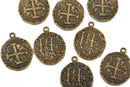 5 Bronze Coin Relic Charm Pendants, round coin charms, antiqued bronze plated metal, double sided design, 30x25mm, chb0466
