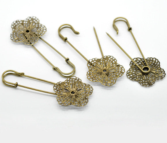 5 Bronze Metal Shawl Pins, Flower Stick Pins, filigree brooch pin blanks, fits 4mm round rhinestone in center, lapel pin, bezel tray pin0109