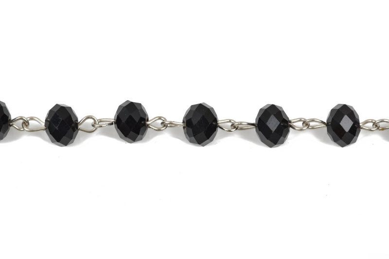 1 yard BLACK Crystal Rondelle Rosary Chain, silver, 10mm faceted rondelle glass beads, fch0565a