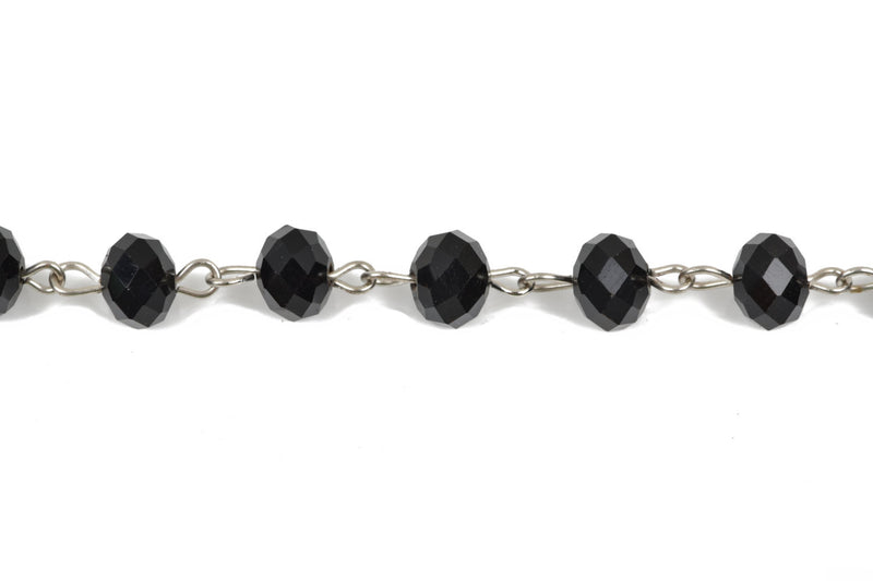 1 yard BLACK Crystal Rondelle Rosary Chain, silver, 8mm faceted rondelle glass beads, fch0509a