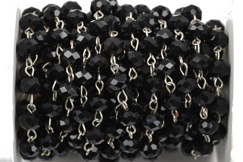 1 yard BLACK Crystal Rondelle Rosary Chain, silver, 8mm faceted rondelle glass beads, fch0509a