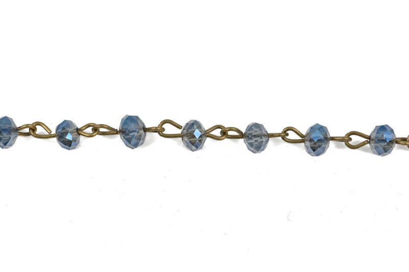 1 yard (3 feet) Blue AB Crystal Rondelle Rosary Chain, bronze, 12mm faceted rondelle glass beads, fch0567a