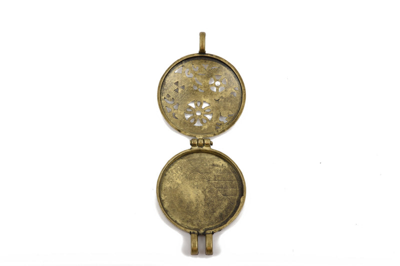 2 Bronze Metal Filigree Open LOCKET Perfume Diffuser Pendants, Steampunk Gear Design,  1-1/4" diameter chb0471