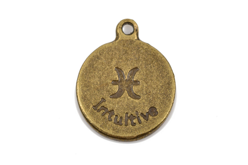 10 PISCES ZODIAC Sign Charm Pendants, bronze metal, double sided charms, 16mm diameter, chb0483