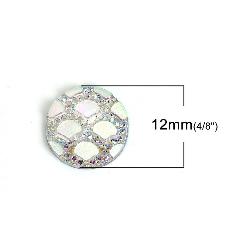 12mm DRAGON SCALE Cabochons, Round Resin Metallic, White Rainbow AB iridescent, 100 pieces, 1/2"  cab0502b