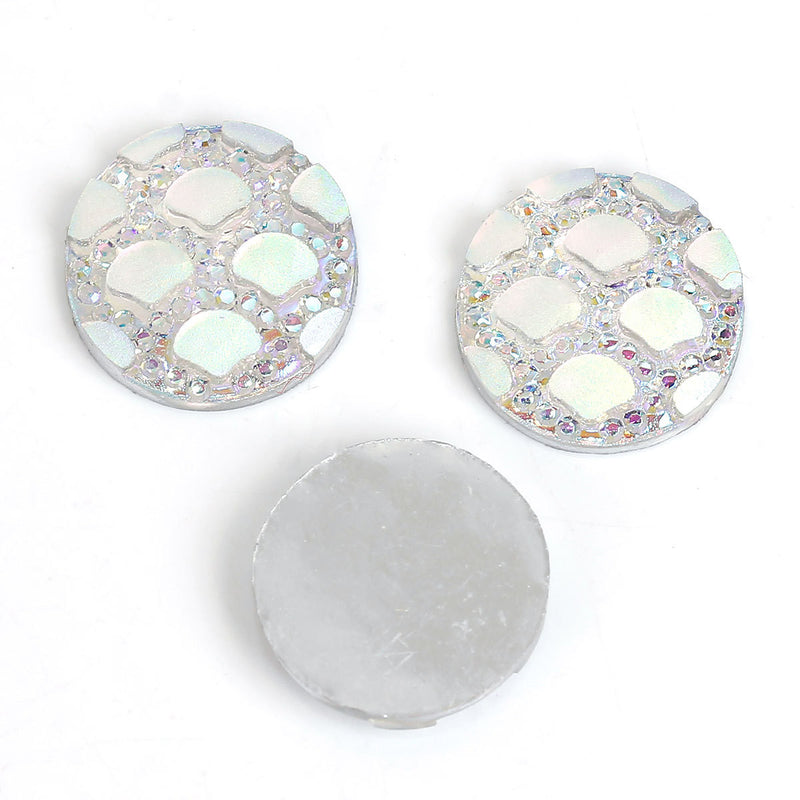 12mm DRAGON SCALE Cabochons, Round Resin Metallic, White Rainbow AB iridescent, 100 pieces, 1/2"  cab0502b