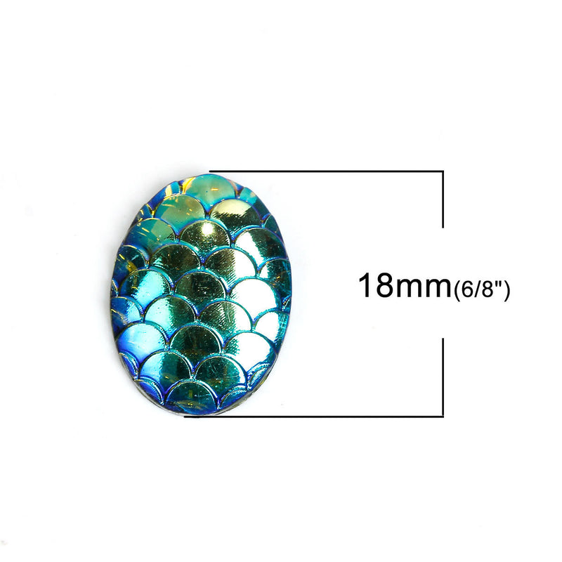 50 Oval Resin MERMAID FISH SCALE Cabochons, Rainbow Iridescent Green, faux druzy, 18x13mm, cab0504b